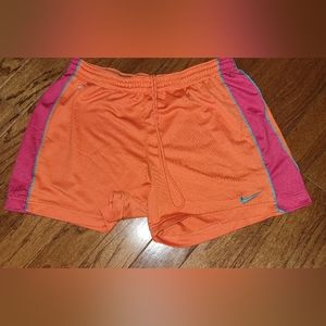 NIKE DRI-FIT WOMEN'S RUNNING SHORTS SIZE L ORANGE/PINK WITH TORQUISE STRIPE